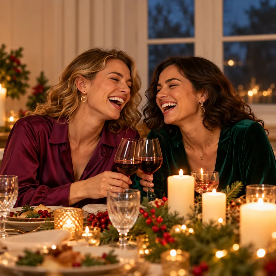 Illustration : deux amies trinquent au repas de Noël