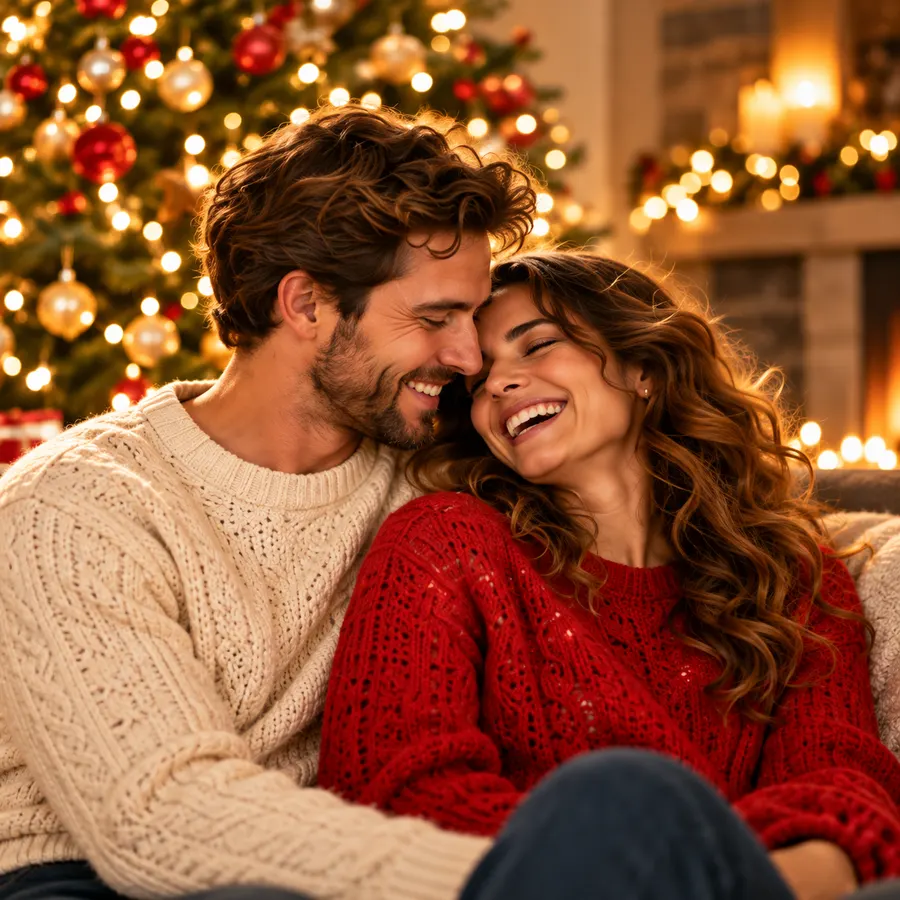 Illustration : un couple qui rit devant le sapin
